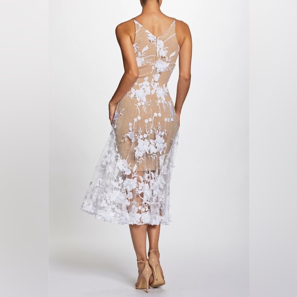 Dress The Population Audrey Midi Dress Sz Large  3D Floral Embroidered Fit Flare - Picture 4 of 17